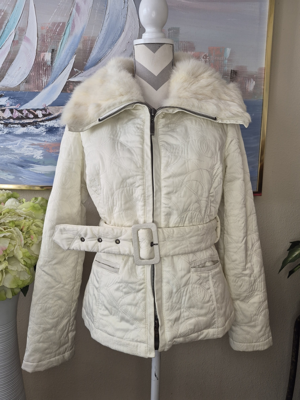 Vintage Bebe Cream Quilted Belted Puffer Jacket with 100% Rbbit Fur Collar
